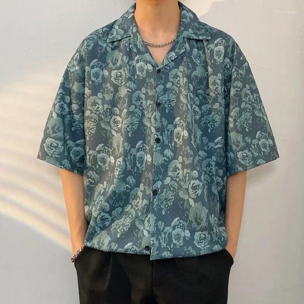 Chemises décontractées pour hommes E-Baihui Vintage Chemise à imprimé floral Hommes Col cubain Revers Vêtements Manteau Printemps et été Lâche Hawaïen Mâle