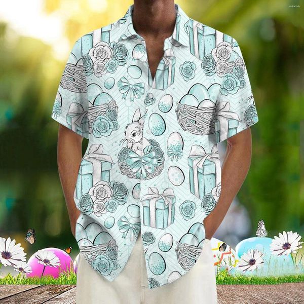 Camisas casuales para hombres Día de Pascua para hombres Blusas con estampado digital 3D de dibujos animados con estilo Botón de solapa suelta Ropa de playa diaria clásica hawaiana