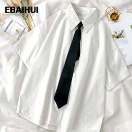 Casual shirts voor heren ebaihui witte shirts met korte mouwen mannen met stropdas Japans preppy eenvoudige unisex shirt solide los zomer dames blouses streetwear 230410