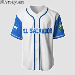 Heren Casual Shirts EL SALVADOR 3D Wit Blauw Mesh Fiber Baseball Jersey Voor Man T-shirt Tops Tee Heren Streetwear Korte mouw Sport