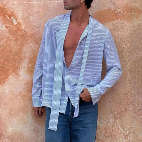 Chemises décontractées pour hommes Bouton bleu élégant Chemise à rayures Hommes Tops à manches longues Printemps Automne Vêtements Homme Beach Holiday Blouses Sexy