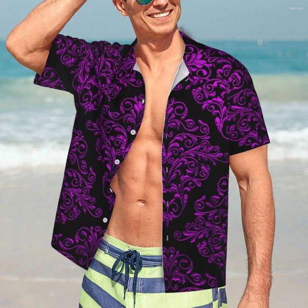 Chemises décontractées pour hommes Chemise de vacances élégante Damask Noir Violet Hawaii Hommes Blouses à la mode à manches courtes Y2K Funny Pattern Vêtements