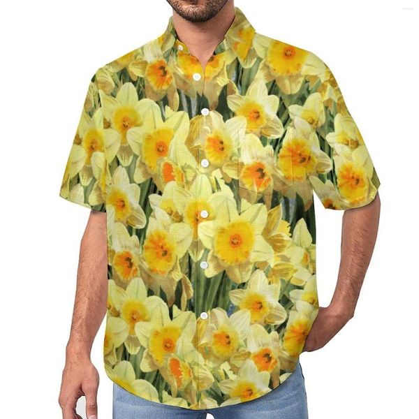 Chemises décontractées pour hommes Chemisiers imprimés de fleurs élégantes Homme Jaune Jonquille Hawaii Manches courtes Chemise de plage surdimensionnée personnalisée Cadeau d'anniversaire
