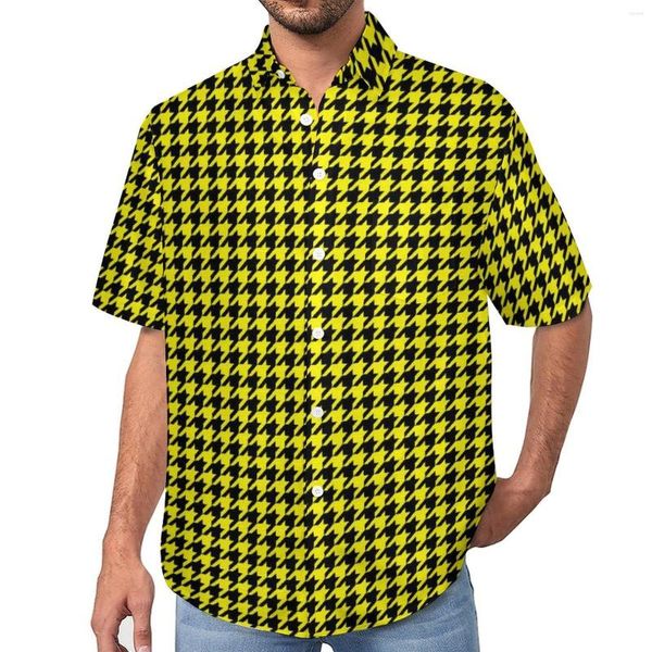 Chemises décontractées pour hommes élégant pied de poule noir et jaune chemise de vacances été drôle Blouses homme imprimer grande taille 4XL