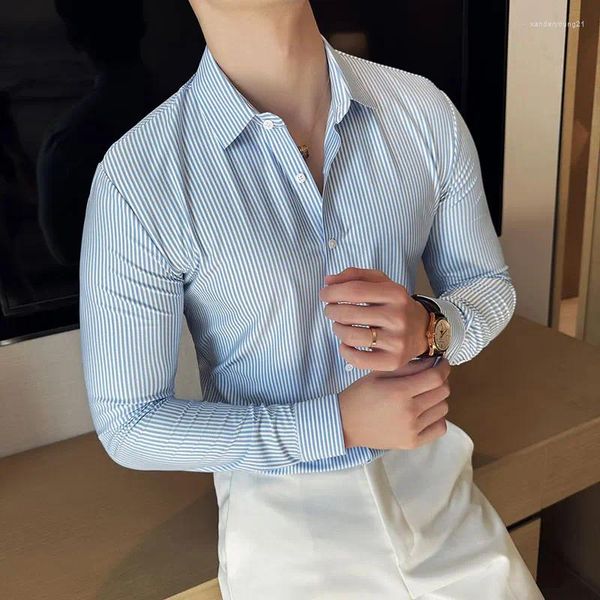 Chemises décontractées pour hommes Élégant Traceless rayé pour hommes de haute qualité Slim Fit Social Shirt Robe à manches longues élastique Collage Tuxedo 4XL-M