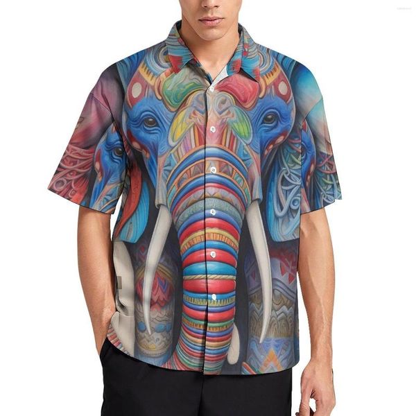 Camisas casuales para hombres Blusas de elefantes para hombre Dibujos animados de colores Lápiz Arte Verano Mangas cortas Estampado Elegante Camisa de vacaciones de gran tamaño Regalo