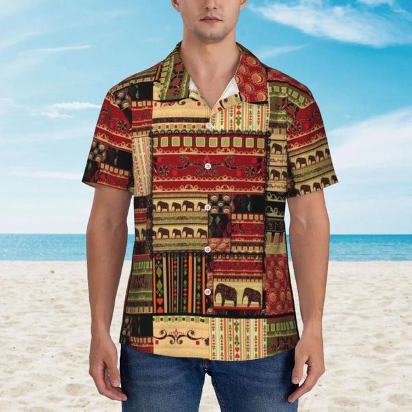 Camisas casuales de los hombres camisa de elefante retro patchwork estampado elefantes hawaiano hombre manga corta playa Y2K blusas gráficas