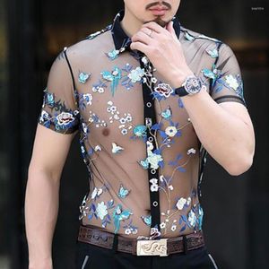 Casual shirts voor heren borduurwerkomhirt mannen doorgaan door sexy kanten luxe maas transparante top zomer korte mouw slanke fit camisas y blusas