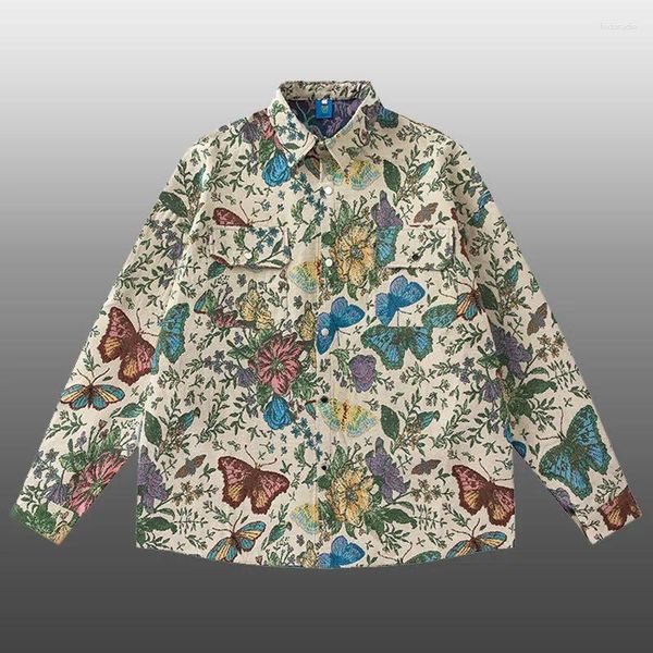 Camisas informales para hombre, camisa de manga larga con estampado de colores contrastantes étnicos Retro, blusa de esmoquin para fiesta Formal Social, ropa para hombre