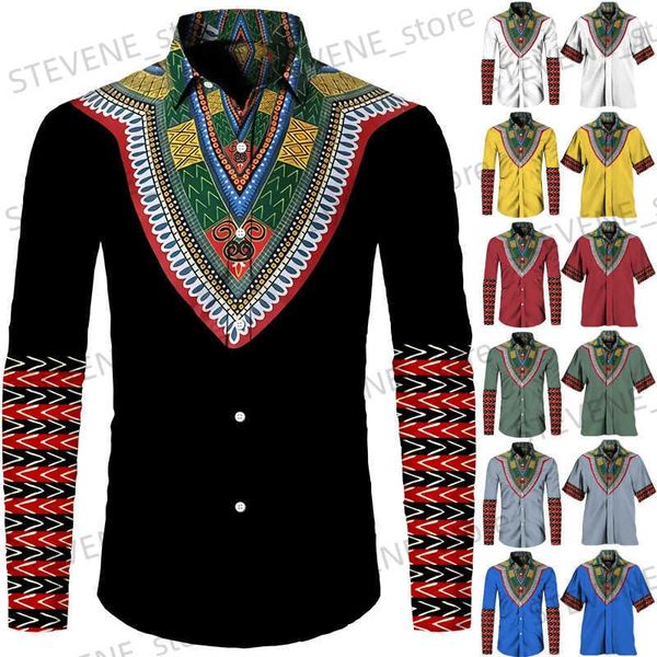 Chemises décontractées pour hommes Chemise à boutons de style ethnique pour hommes Casual Dashiki imprimé africain col rabattu à manches courtes/longues hauts à la mode hommes femmes streetwear T231121