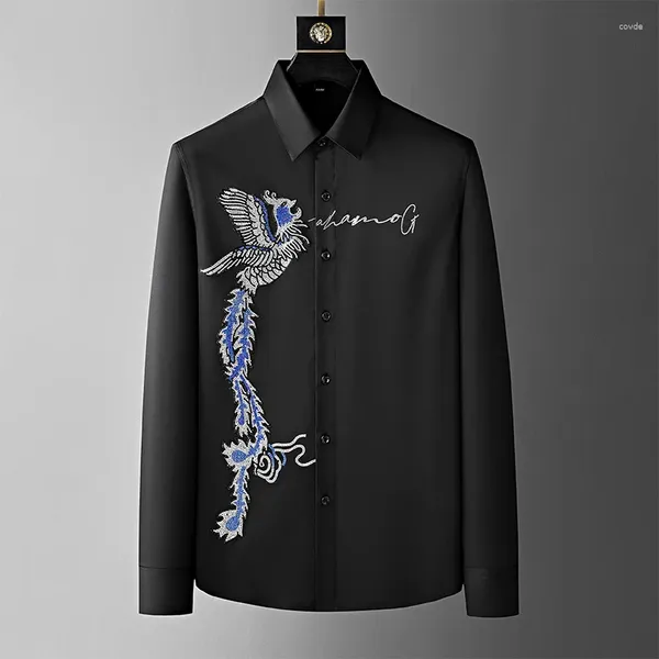 Camisas casuales para hombres Tendencia europea y americana Long Tail Phoenix Diamond Manga Camisa Hombres 2023 Otoño Personalizado Seda Top de lujo