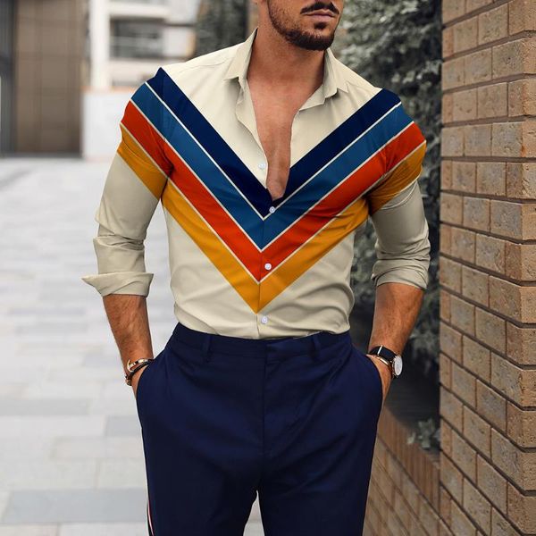 Chemises décontractées pour hommes Version européenne de la chemise à manches longues Style britannique Mode jeunesse 3d Digital Stripe Print Slim-fit Revers