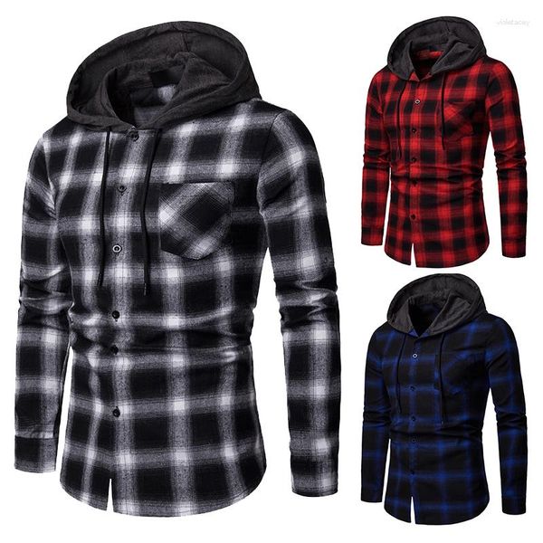 Chemises décontractées pour hommes Version européenne printemps et automne pour hommes manches longues Style mode chemise à capuche à carreaux