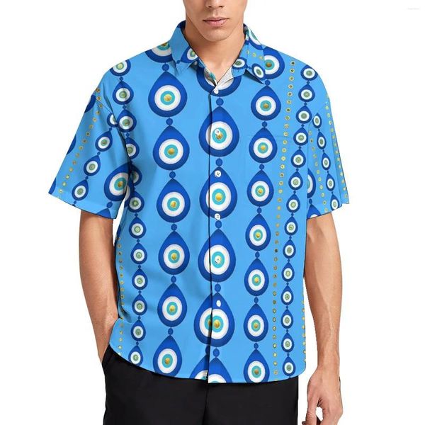 Camisas casuales para hombres Camisa de playa con estampado de ojos malvados Azul y dorado Verano Hombres Blusas estéticas Manga corta Ropa personalizada Tallas grandes 4XL