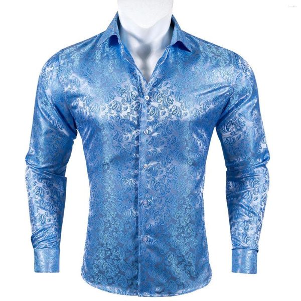 Chemises décontractées pour hommes Chemise en soie exquise pour hommes Bleu ciel Printemps Automne Revers tissé à manches longues brodé Fit Party Mariage Formel Barry.Wang