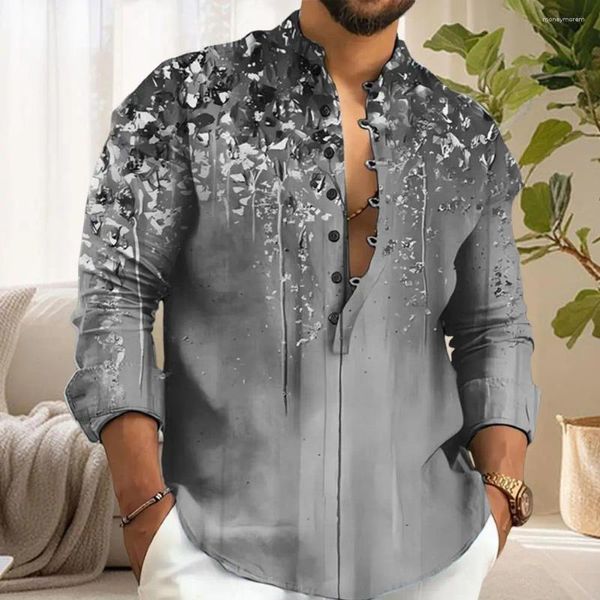 Camisas informales para hombre, camisa estampada llamativa, cuello alto estampado, Top transpirable suave de primavera con mangas largas, Color sólido