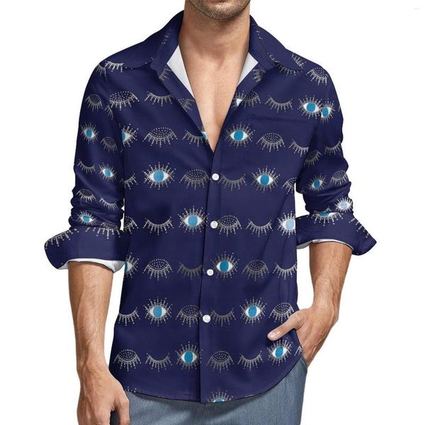 Camisas informales para hombre, camisa con estampado de pestañas, blusas gráficas Harajuku de otoño con ojo malvado azul para hombre, regalo superior de gran tamaño a la moda de manga larga