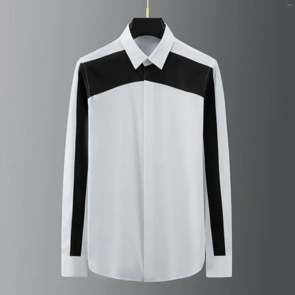 Camisas casuales para hombres Fábrica Ventas directas de empalme en blanco y negro geométricos Trendy Long Sleim Fit Business