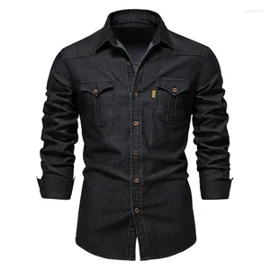 Camisas casuales para hombres Fanweilin Elástico Denim Botón Up Shirt Manga larga Vaquero Negro para hombres Slim Fit Ropa para hombre Camisa Masculina