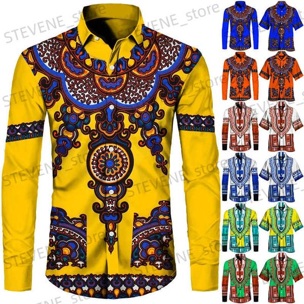 Chemises décontractées pour hommes Mode imprimé africain chemises à manches courtes/longues pour hommes style ethnique col rabattu hauts boutonnés vêtements de couple tribal primitif T231121