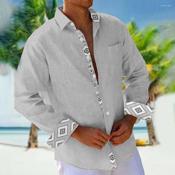 Camisas informales para hombre, moda estilo playero Hawaii, manga larga, bolsillo, solapa, patrón decorativo, parte superior con una botonadura, ropa