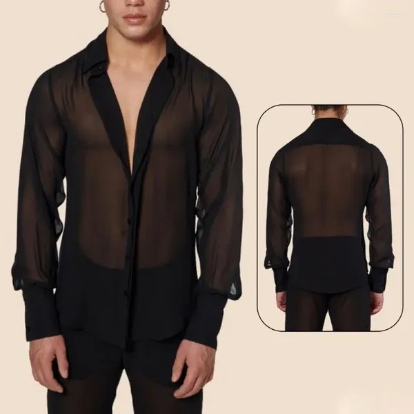 Camisas casuales para hombres Camisa transpirable de moda Malla negra transparente con mangas largas con cuello en V Blusa sexy de un solo pecho para fiesta
