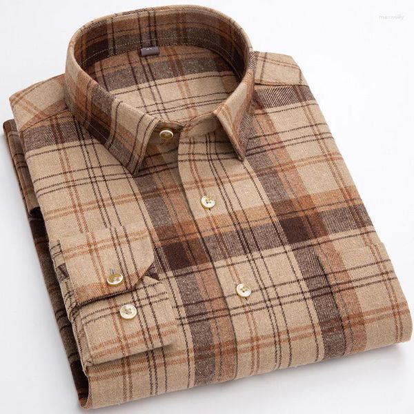 Camisas casuales para hombres de moda algodón cepillado de algodón de manga larga a cuadros con bolsillo suave suave fondos químicos masculinos