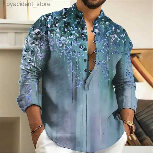 Chemises décontractées pour hommes Mode Casual Hommes Chemise boutonnée à manches longues Lâche Henry Col V Plage Top T-shirt 2023 Printemps / Été comme cadeau L240320