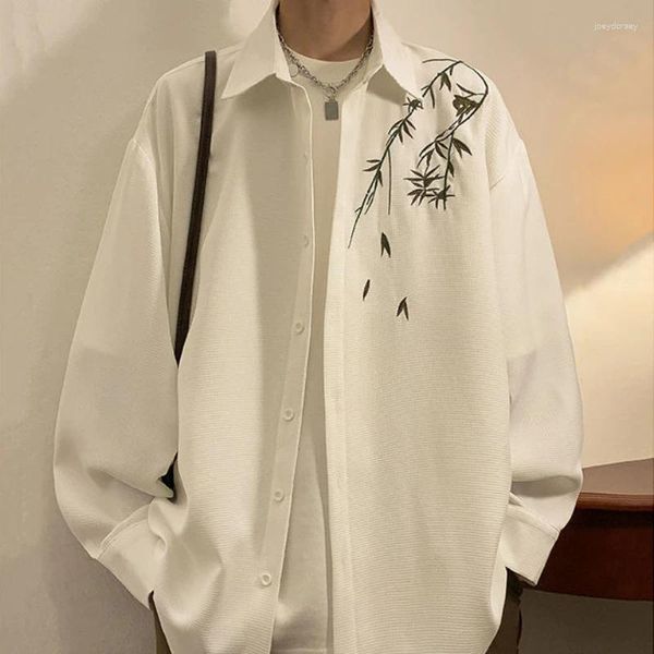 Camisas informales para hombre, camisa holgada de manga larga con patrón de gofres bordados de bambú de estilo chino a la moda, ropa para hombre