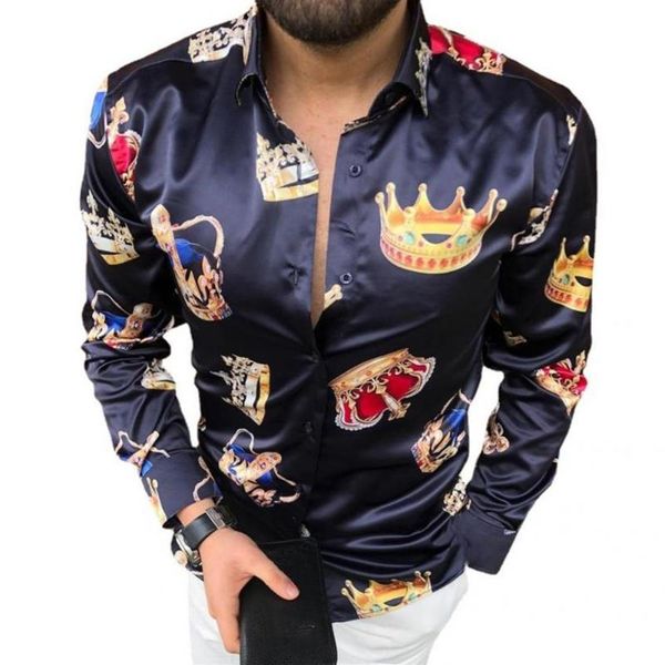Chemises décontractées pour hommes Mode Crown Imprimer Hommes Chemise Turn-Down Col Lisse Boutons à manches longues Slim Streetwear3017