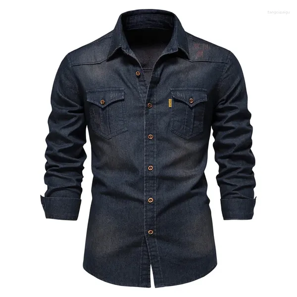 Camisas casuales para hombres Moda Denim Camisa sin hierro Primavera y otoño Color sólido Versátil Slim Ropa de manga larga para hombres