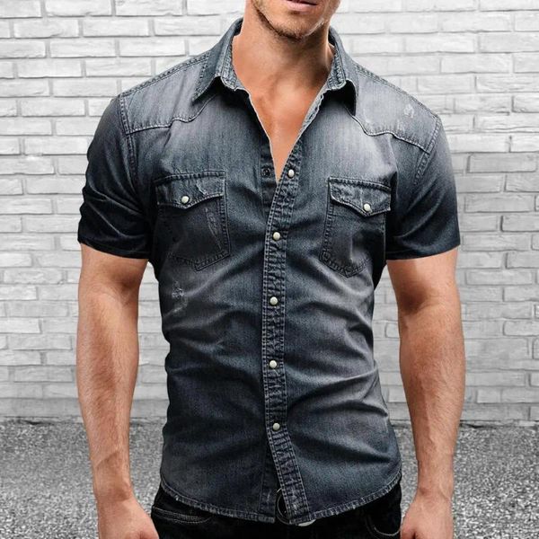 Camisas Casuales para Hombres Camisa De Mezclilla De Moda Cosida Fina Slim Fit Hombres Botones Tapeta Anti-Pilling Ropa Diaria