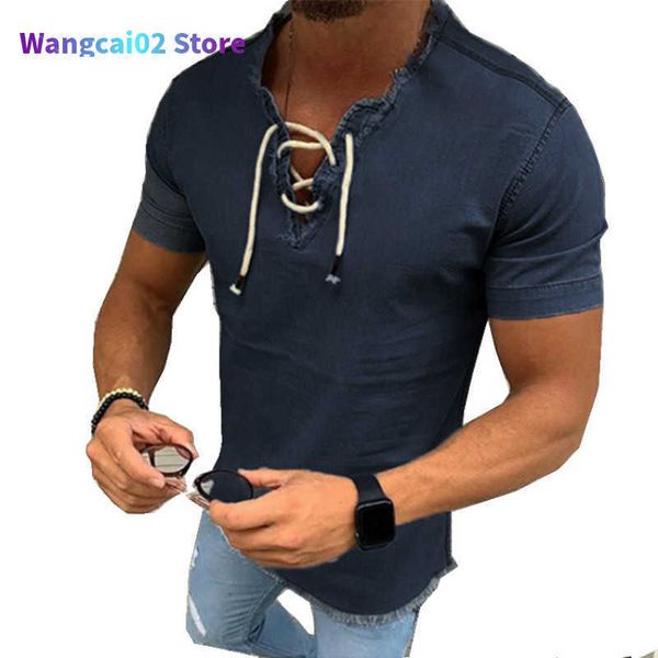 Camisas casuales de los hombres Camisa de mezclilla de moda Hombres Fit Slim Jeans Shirt Short Seve V-cuello Camisas Casual Lace Up Blusa Top Tee Summer Camisa Masculina 021323H