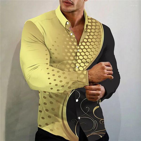 Camisas informales para hombre, diseño de moda, botón superior, solapa, camisa de manga larga, baile de graduación, patrón de calle al aire libre, azul dorado, 2023 de talla grande 6XL