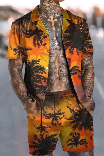 Chemises décontractées pour hommes Mode imprimé hawaïen Chemise à manches courtes Ensemble de plage Short en noix de coco Quotidien deux pièces