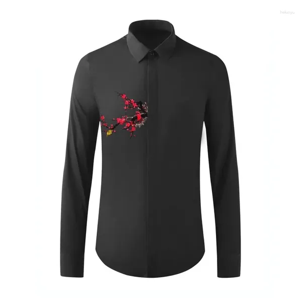 Camisas casuales para hombres Moda de alta calidad Flor de ciruelo Mariposa Impresión Hombres Manga larga Solo pecho Talla grande M-3XL4XL