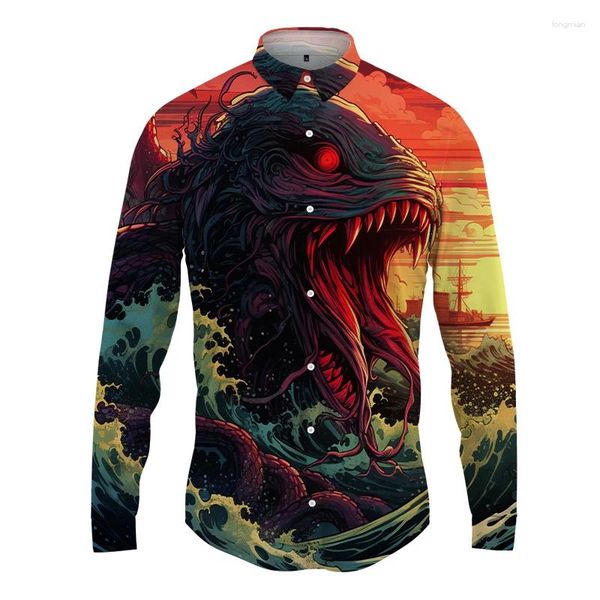 Camisas casuales para hombres Moda Camisa de manga larga 3D Superficie del mar Mapa de agua Botón Primavera y otoño Hip -Hop Top