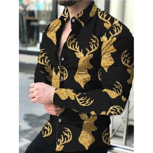 Chemises décontractées pour hommes Mode luxe social hommes col rabattu chemise boutonnée imprimé cerf à manches longues hauts vêtements pour hommes 313Z