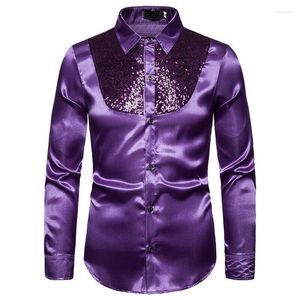 Chemises décontractées pour hommes Mode Hommes Luxe Formel Satin Brillant Soie Robe De Mariée Chemise Banquet Paillettes À Manches Longues Haut Vêtements