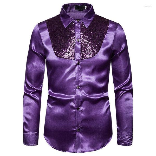 Camisas informales para hombre, camisa de vestir de boda de seda brillante de satén Formal de lujo para hombre, ropa superior de manga larga con lentejuelas para banquete