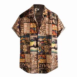 Casual shirts voor heren mode heren etnisch shirt korte mouw printen Hawaiiaanse camisas blouse turn down kraag één knop wilde top 240416