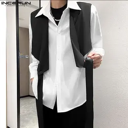 Chemises décontractées pour hommes Mode Hommes Chemise irrégulière Patchwork Revers Bouton à manches longues Mâle 2024 Lâche Personnalité Streetwear Camisas 5XL