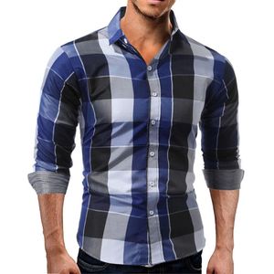 Camisas casuales para hombres Camisa de algodón a cuadros de moda para hombres Camisa de manga larga clásica Slim Fit Top con botones