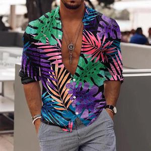 Chemises décontractées pour hommes Mode Hommes Chemise Tropical Floral Impression Revers 2022 À Manches Longues Streetwear Camisa Masculina Bouton Blouse Loisirs Tops