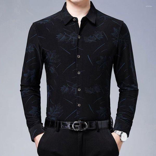 Camisas informales para hombre, camisa de manga larga hawaiana Vintage a la moda para hombre, ropa de calle coreana para primavera y otoño, Tops negros de negocios para hombre 2023