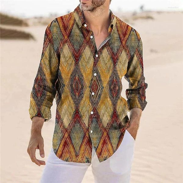 Camisas casuales para hombres Moda Hombres Mujeres Manga larga 2024 Estilo bohemio Impresión a cuadros Camiseta de vacaciones Ropa para mujer Solapa Streetwear Blusa