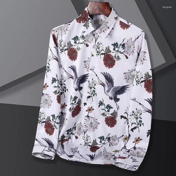 Chemises décontractées pour hommes Fashion Mens Chinois Print Smart Shirt Smart Slip Down Down Slim Fit Social Work Men