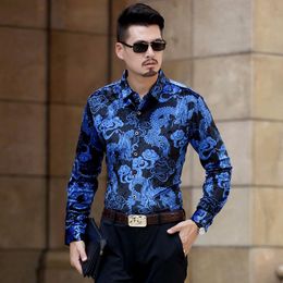 Casual shirts voor heren mode heren goud zijden fluweel mannen met lange mouwen bedrukte sexy slank fit zachte comfortabele hoogwaardige mannen's