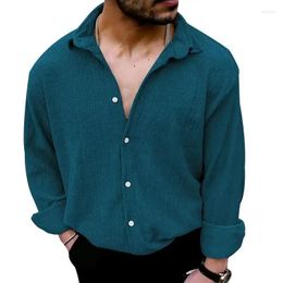 Chemises décontractées pour hommes Fashion Mens Seersucker Shirt Longe Lapel Solide Solide Top 2024 Tendance d'été Streetwear de luxe pour hommes
