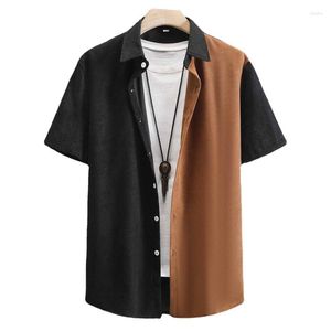 Chemises décontractées pour hommes Fashion Mens Two Tone Corduroy Splice Turn-down Collar Short Sleeve Button Up Shirt Noir Marron